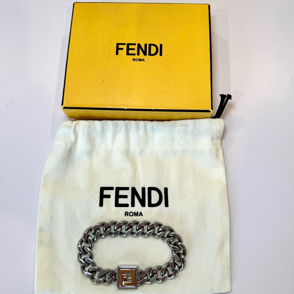 Fendi FF Logo Chain Link Bracelet In Silver And Gold Tone Metal, Size Small